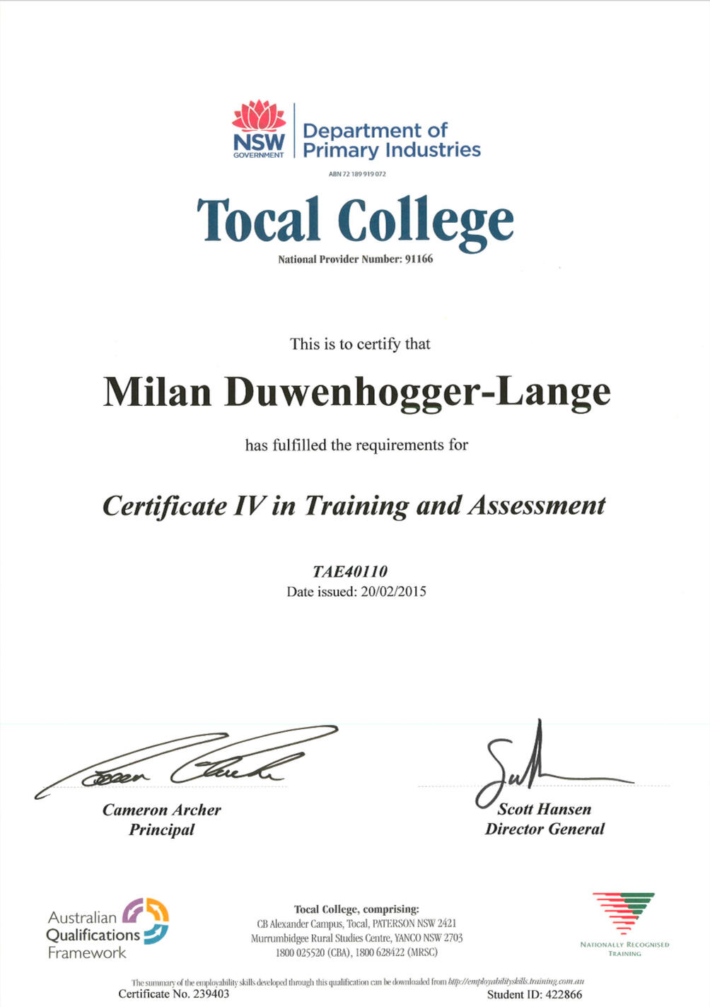 Certificate of completion TAE10