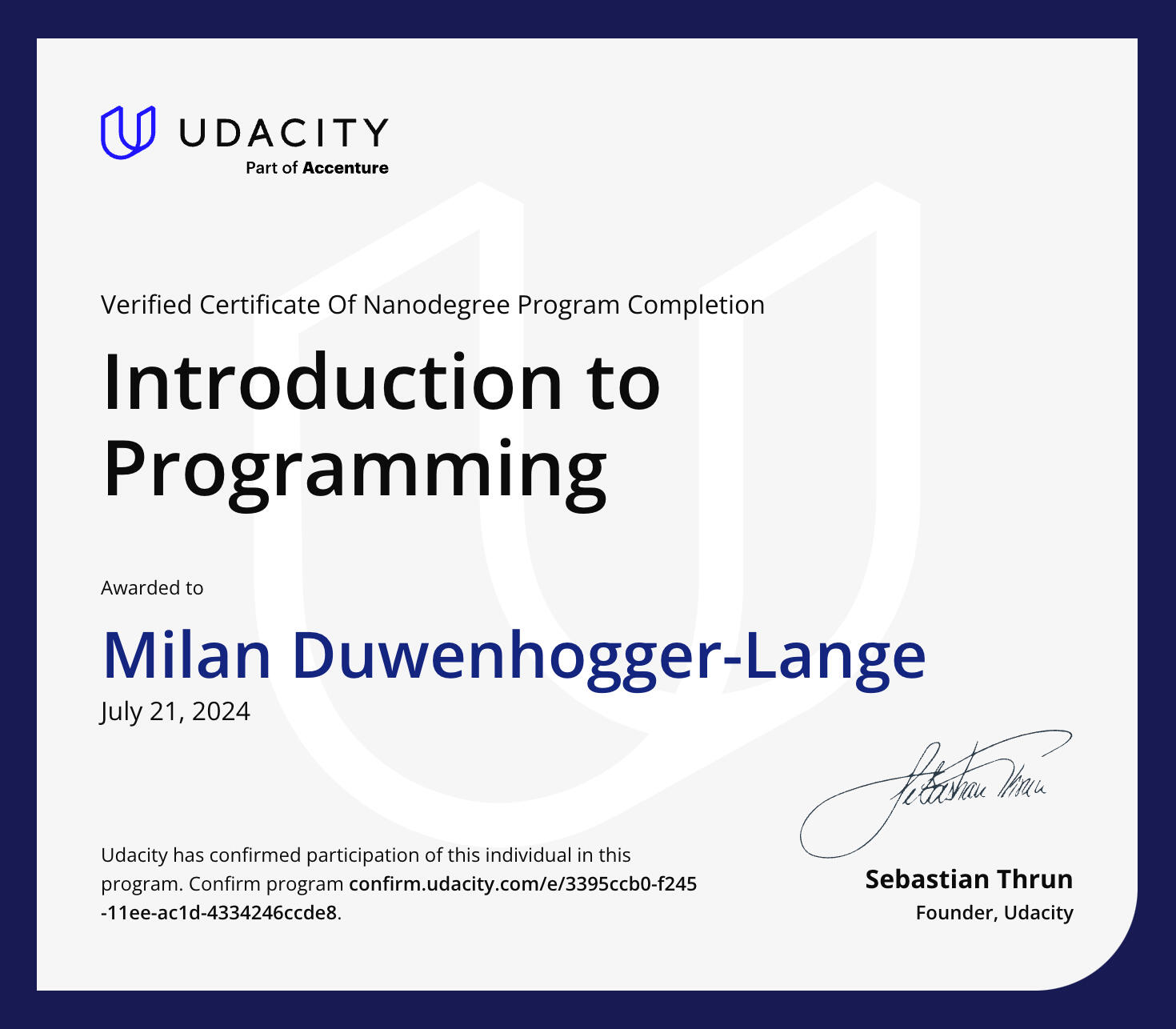 Completion certificate for "Introduction to Programming"